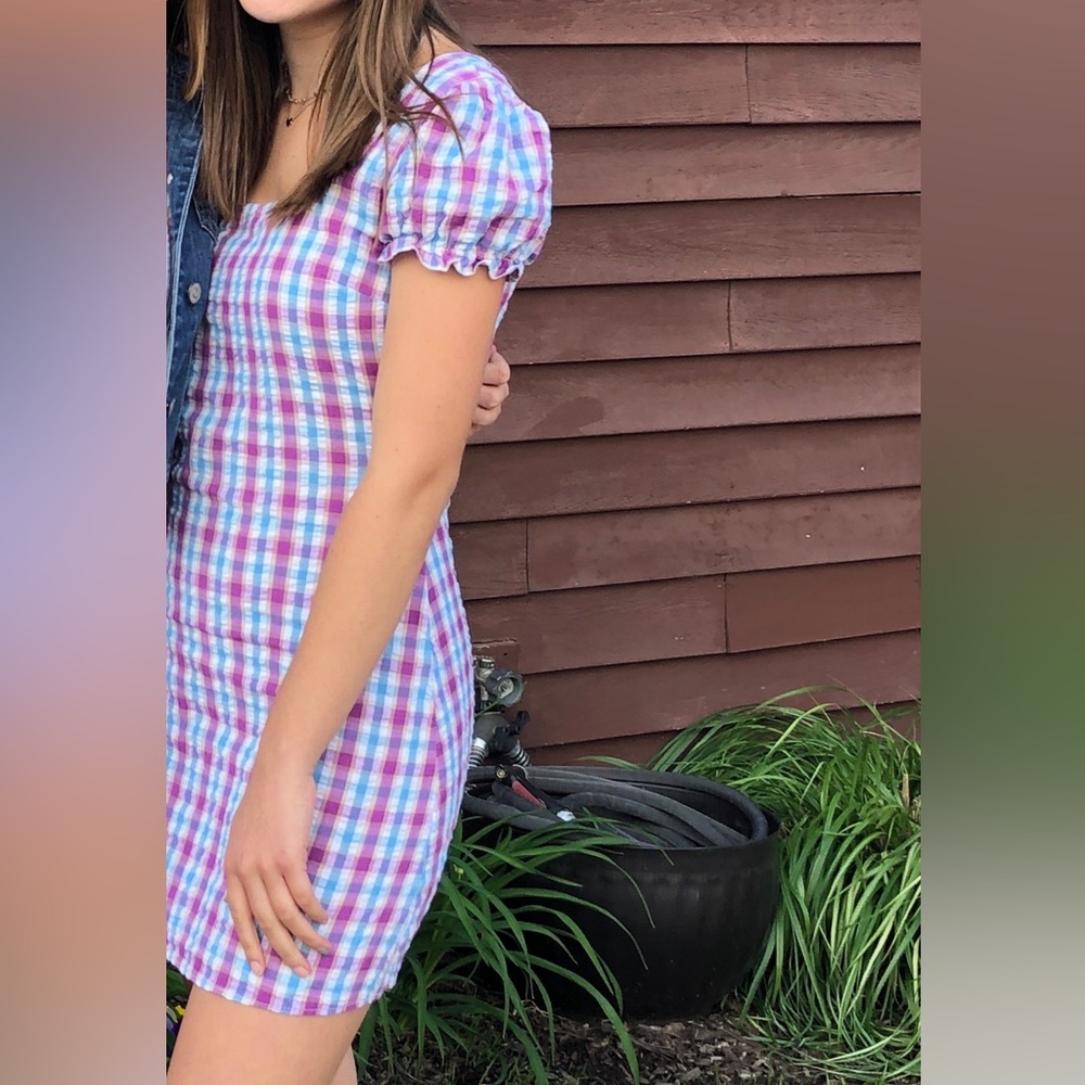 Gingham Square Neck Puff Sleeve Dress